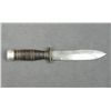 Image 1 : Military style older knife approx. 10”  overall with an approx. 6” blade, stacked  leather disc grip