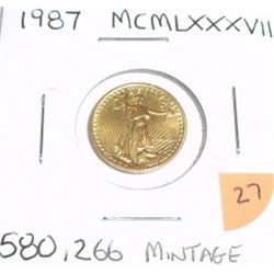 1987 $5 Gold Eagle Bullion Coin *RARE 1/10oz ROMAN # DATE* Mintage ONLY 580,266!!