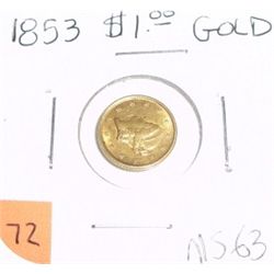 1853 Liberty Head $1 Gold Coin *RARE MS-63 HIGH GRADE*!!