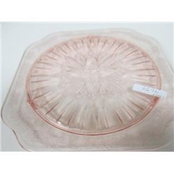 Pink square depression glass cake plate