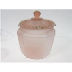 Pink satin glass open rose cookie jar with lid