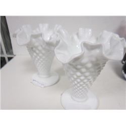 Pair white hobnail ruffled top vases