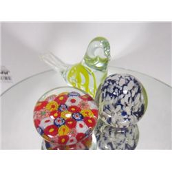 3 pc Murano glass paperweights and bird