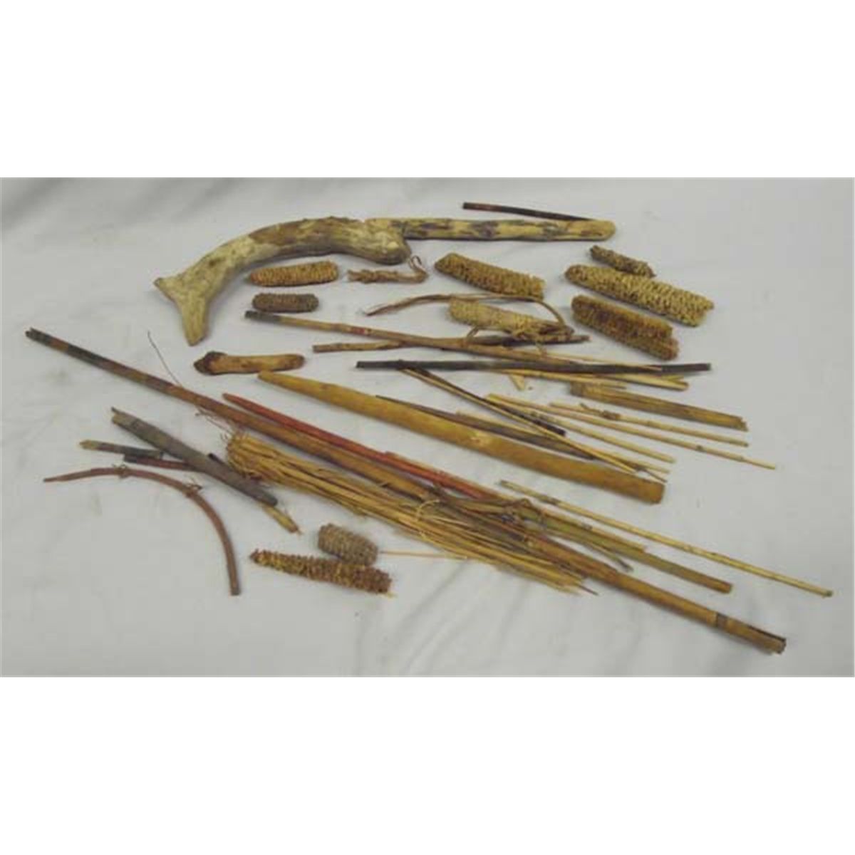 Prehistoric Wooden & Reed Tools, Arrow & Vegetal Corn