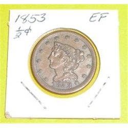 1853 1/2 Cent *EXTREMELY RARE EXTRA FINE GRADE*!!!