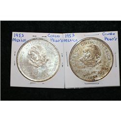 1953 Mexico 5 Pesos coin ley 0.720, lot of 2