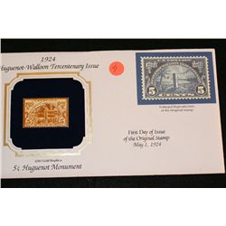 1924 First Day Issue 22K Gold Replica stamp w/stamps, Five Cent Huguenot Monument