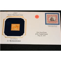 1925 First Day Issue 22K Gold Replica Stamp w/stamps, Two Cent Restaurationen