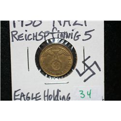 1938 Nazi 5 Reichs Pfennig w/Eagle holding swatstika