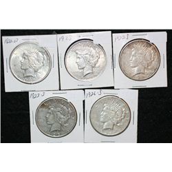1922-S, 1922-S, 1923, 1923-S & 1926-S Peace $1, lot of 5