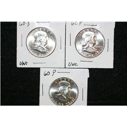 1960, 1960 & 1962 Ben Franklin half dollar, UNC, lot of 3
