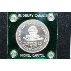 Canadian Centennial Numismatic commerative medal, Sudbury Ontario, Nickel Capital of the World