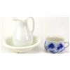 Image 1 : Collection of 2 includes fine Flow Blue English chamber pot 8" diameter and antique wash basin set s