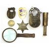 Image 1 : Collection of 7 Wells Fargo items includes reproduction brass magnifying glass, single draw telescop