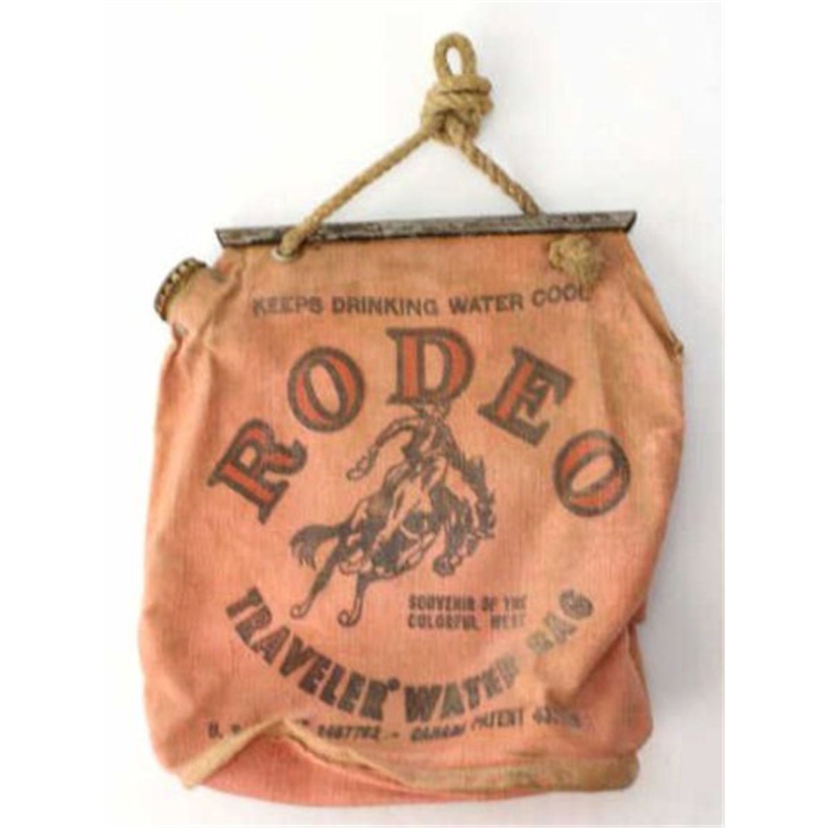 Early canvas water bag, front with "Rodeo Traveler Water Bag" and