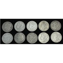 Collection of 10 silver dollars includes dates 1879, 2) 1881, 1883, 3) 1885, 1887, 1889 and 1899. Di