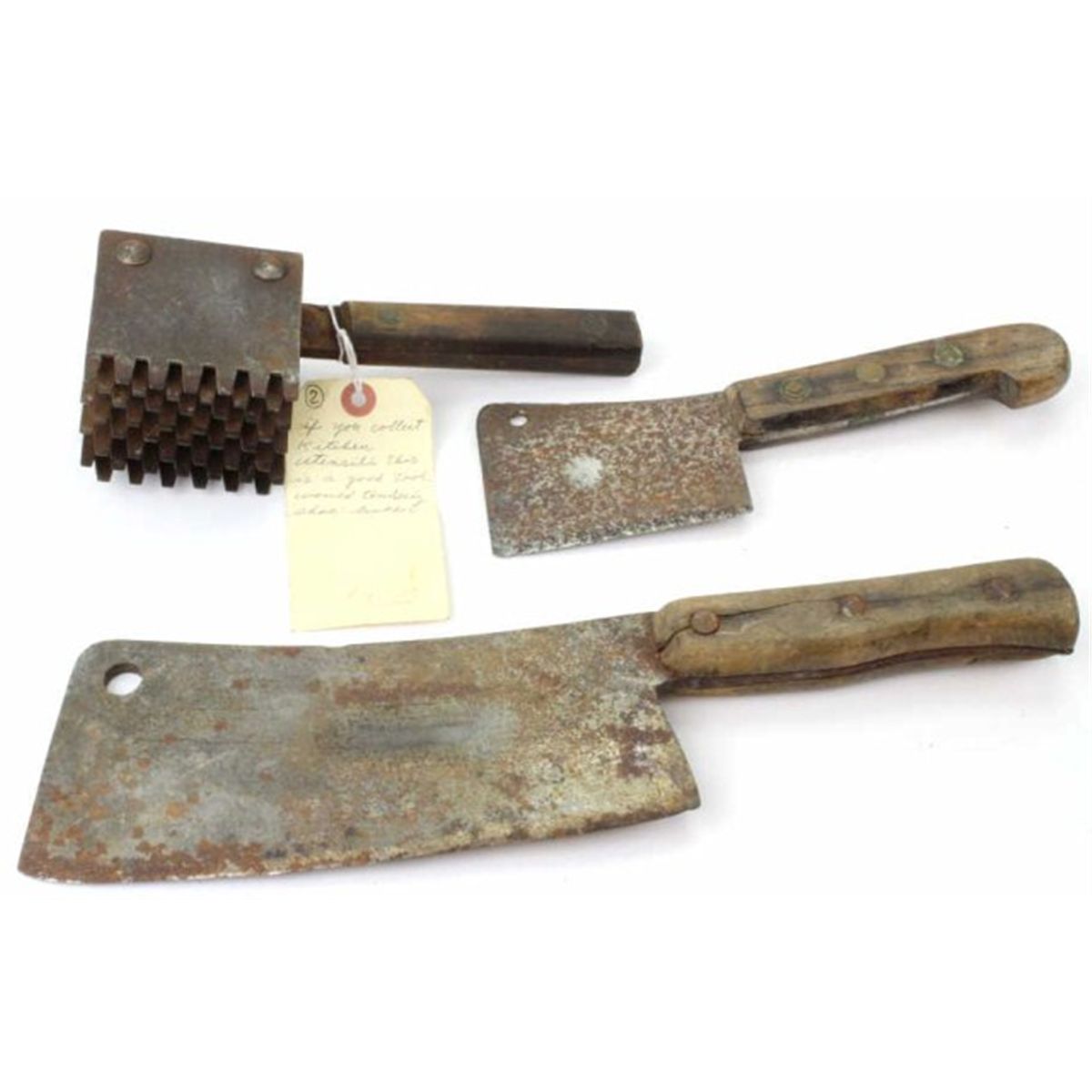 Collection of 3 includes antique meat cleaver hallmarked Henckles