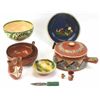 Image 1 : Collection of 9 Mexican items including 1 hand painted handled pot w/lid, set of 2 nesting bowls, 1