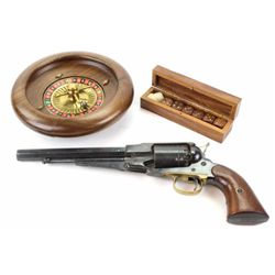 Collection of 3 includes miniature wood roulette wheel, contemporary Will and Finck cased dice and r