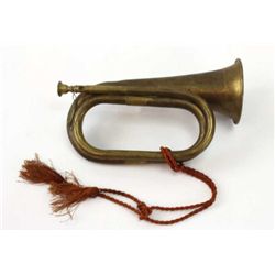 Original early brass bugle with braided cord unmarked, original mouth piece intact.