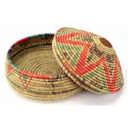 Collection of 3 African baskets includes large lidded basket 13 1/2" wide, flat basket tray 12" diam