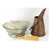 Image 1 : Collection of 2 includes great solid copper scuttle with heavy bas relief front scene hand hammered,