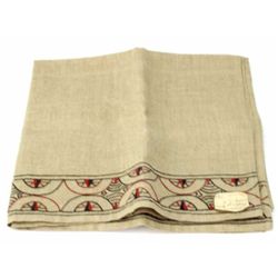 Cotton embroidered cloth table runner with attached family tag reading "Indian School Hastings Kansa