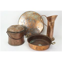 Collection of 4 copper vessels includes early hand made lidded copper bucket with original lid and i