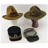 Image 1 : Collection of 4 hats includes gray wool kepi unmarked, black wool Kepi with embroidered cross by M.C