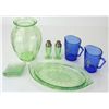 Image 1 : Collection of 8 includes original green depression glass vase 8" tall, matching pattern platter 12"
