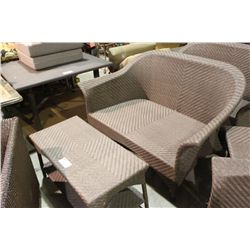 BROWN RATTAN CURVED BACK LOVE SEAT, CHAIR, COFFEE
