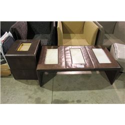 LEATHER MARBLE INSET COFFEE TABLE AND END TABLE
