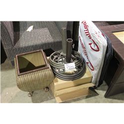 LOT OF PLANTERS AND PATIO UMBRELLA STANDS