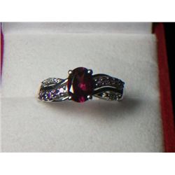 RHODOLITE GARNET 1.6 CARAT PLATNIUM OVERLAY SILVER WITH DIAMONDS RING SIZE 8