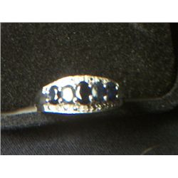 SILVER MIDNIGHT BLUE SAPPHIRE AND DIAMOND PLATNIUM OVERLAY SILVER RING SIZE 7