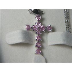 PINK SAPPHIRE PLATNIUM OVERLAY SILVER HEART CROSS PENDANT