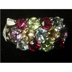 13 STONES SILVER RING SIZE 8  CITRINE, AMETHYST, PERIDOT,GARNET