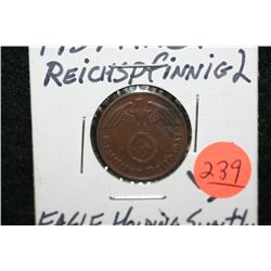 1937 Nazi 2 Reichspfennig w/Eagle holding Swatstika