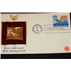 Image 1 : 1981 First Day Issue 22K Gold Replica Stamp w/stamps, Space Achievement Shuttle Returning to Earth