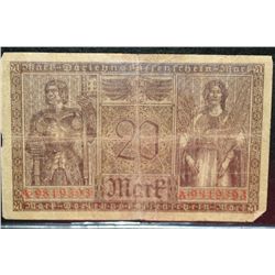 1918 German 20 Mark foreign bank note