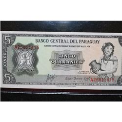 1952 Paraguay Cinco Guaranies foreign bank note