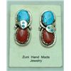 Image 1 : Zuni Coral and Turquoise Large Snake Earrings - Effie Calavaza
