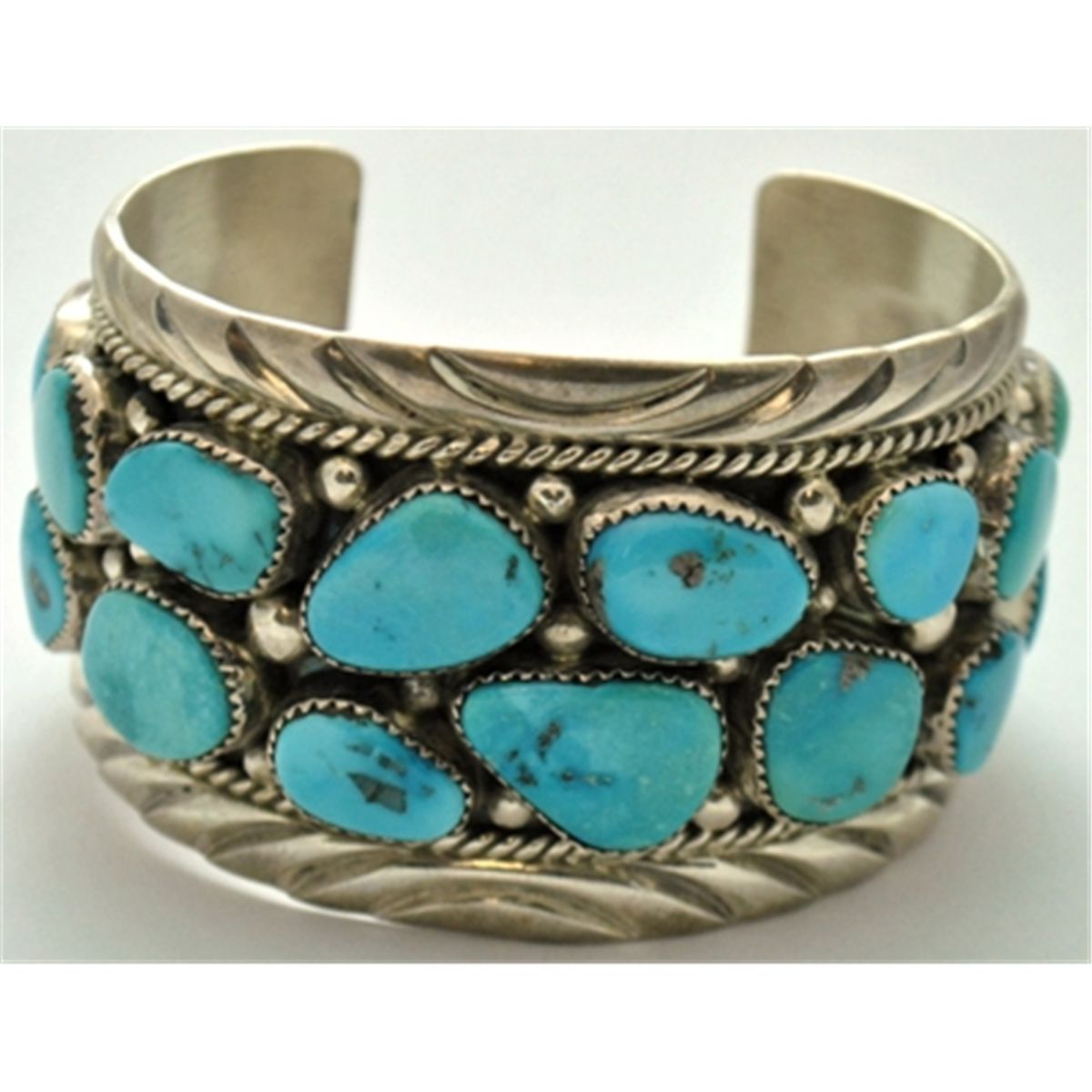 Old Pawn Turquoise Cluster Sterling Silver Cuff Bracelet - Mary Ann Spencer