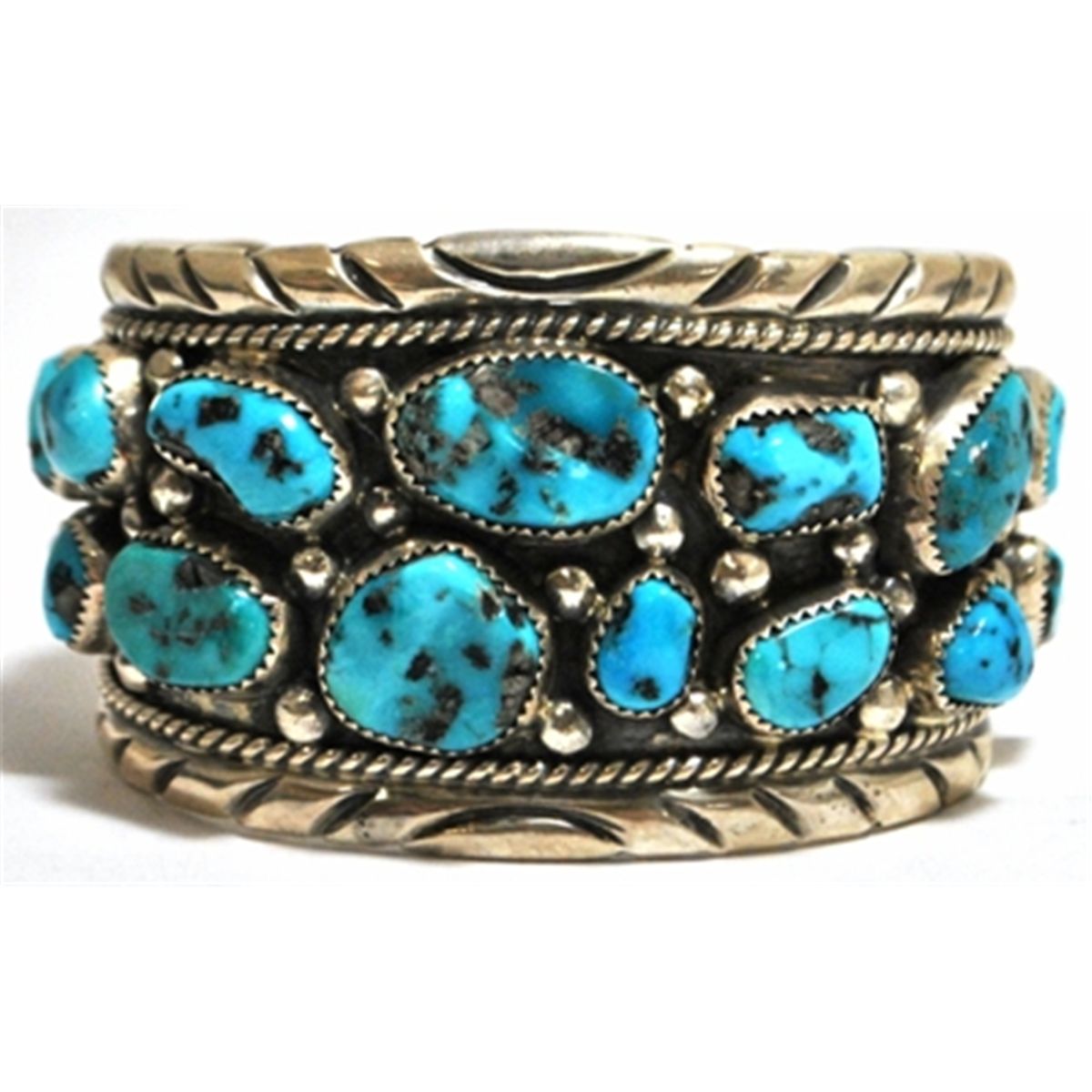 Old Pawn Turquoise Cluster Sterling Silver Cuff Bracelet - T. Benally