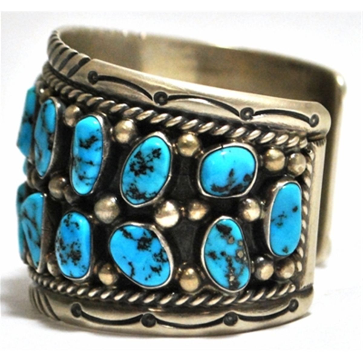Old Pawn Turquoise Cluster Sterling Silver Cuff Bracelet - Tommy Moore