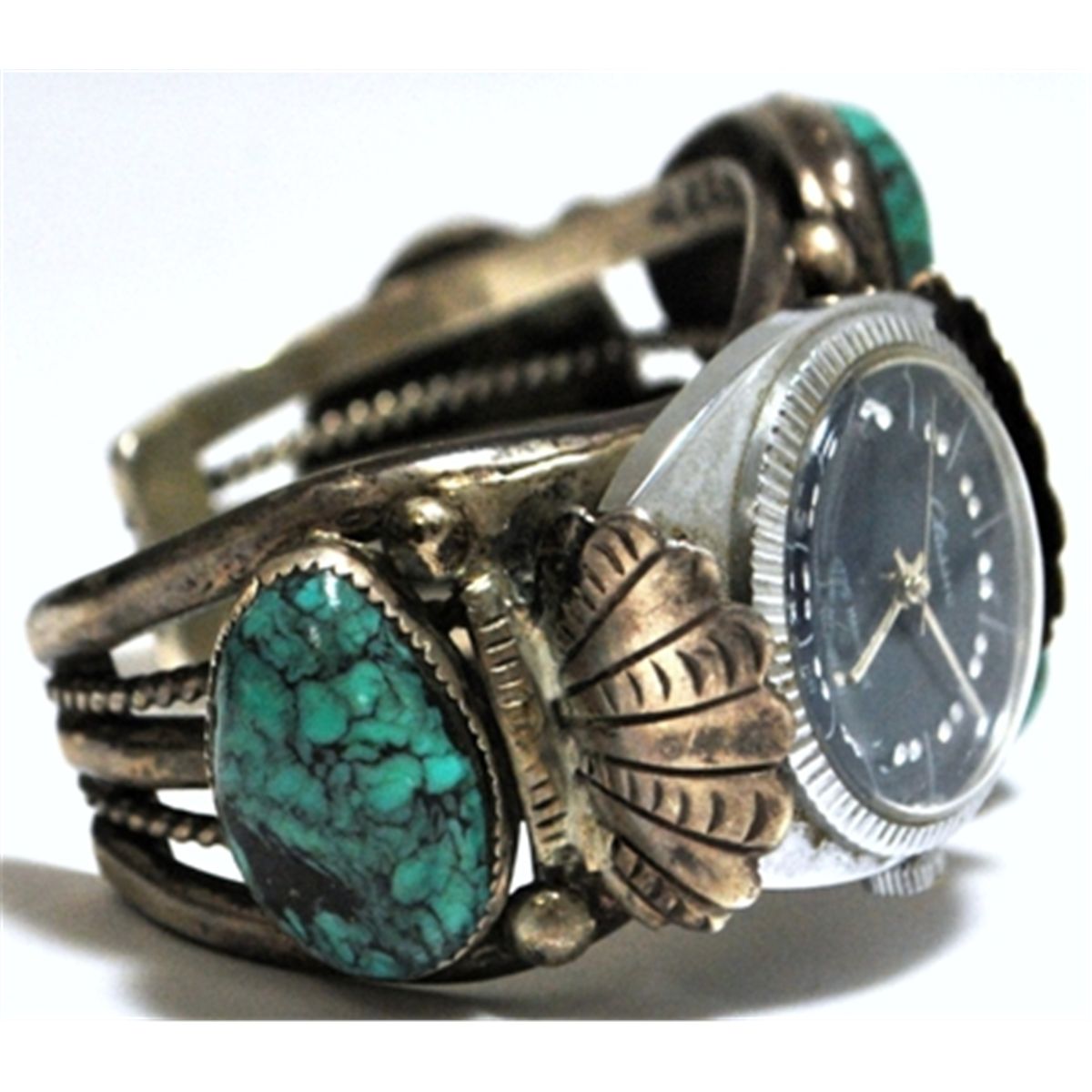 Old Pawn Turquoise Sterling Silver Cuff Bracelet Men's Watch with