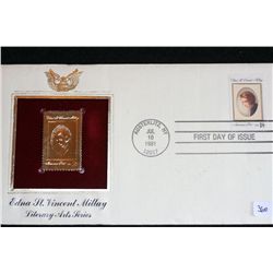 1981 First Day Issue Gold Replica Stamp w/stamps, Edna St. Vincent Millay Literary Arts Series