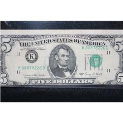 1969-C US Federal Reserve Note $5, Dallas Texas Reserve, #K08878226B, front & back off center