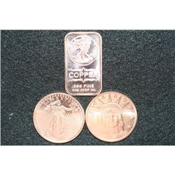 2011 Copper Round, .999 fine 1 oz. (2) & 2011 Copper Ingot, .999 fine 1 oz. (1), lot of 3