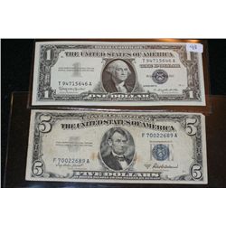 1957-B US Silver Certificate $1, Blue Seal, #T94715646A & 1953-A US Silver Certificate $5, Blue Seal